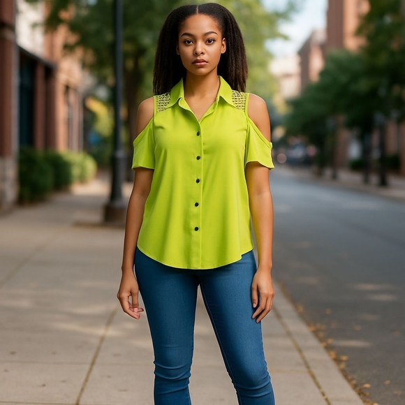 Bongo Ladies Blouse Cold Shoulder Size Large Green Studded Semi-Sheer - Picture 1 of 7